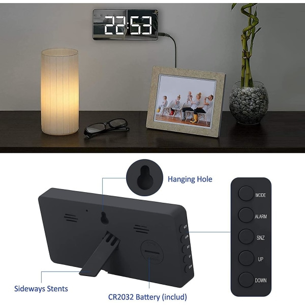Ny stil Digital vækkeur Stor Spejlet Led Ur Snooze Funktion Dæmpningstilstand Ved siden af Ur Til Soveværelse Dekoration - Sort