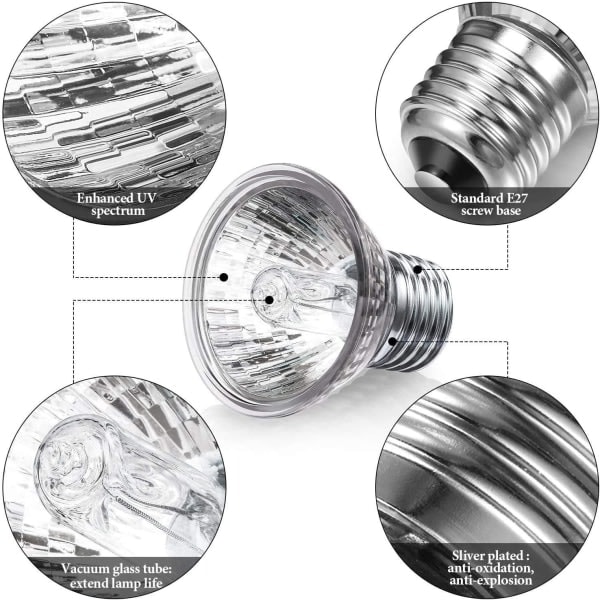 CDQ Turtle Varmelampe, 2 Lamper UVA UVB 25W Krybdyr Varmelampe