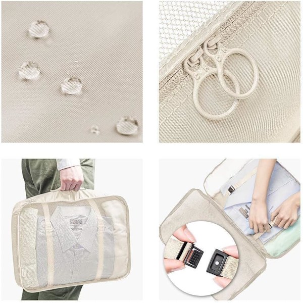 Pakke Cubes til Kuffert, 7 stk. Rejsebagage Pakkeorganisatorer Vandafvisende Rejsetaske Tøj Sko Kosmetik Toiletartikler Opbevaringsposer beige