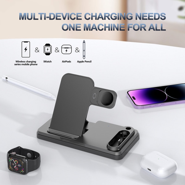 Uusi monitoiminen taittuva matkapuhelinteline langattomalla latauksella 10W pöytätyöskentelyyn pystysuoraan nopeaan lataukseen Apple Watchille ja kuulokkeille Black