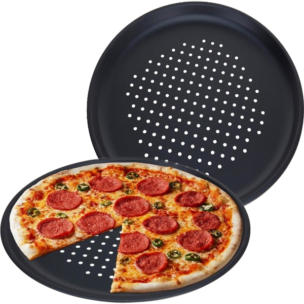 Sæt med 2 stk non-stick pizzabageplade, stor 32 cm, kulstofstål, køle- og frysesikker