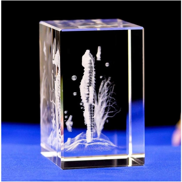 Kristallglas sjöhäst staty modell, 3D laser etsad kristall sjöhäst figurer konst, djur Kristallglas kub gravyr sjöhäst prydnader (5 * 5 * 8 cm)