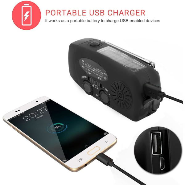 Vevradio aurinkokennoilla Taskulamppu ja 2000mAh Powerbank punainen SOS musta