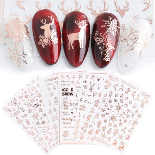 9 ark Jul Nail Art Stickers Självhäftande Rose Gold Vinter Semester Jul Snöflinga Nageltillbehör Nail art Design Dekoration Tillbehör