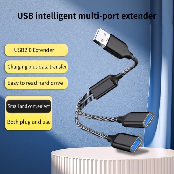 USB-splitterkabel USB-hub strømforlengelsesadapterkabel 28 cm/11,02 tommer grå