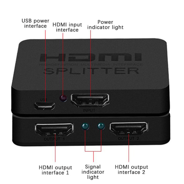 4K HDMI-splitter HDMI-switch 1 in 2 ut videodistributör förstärkare svart