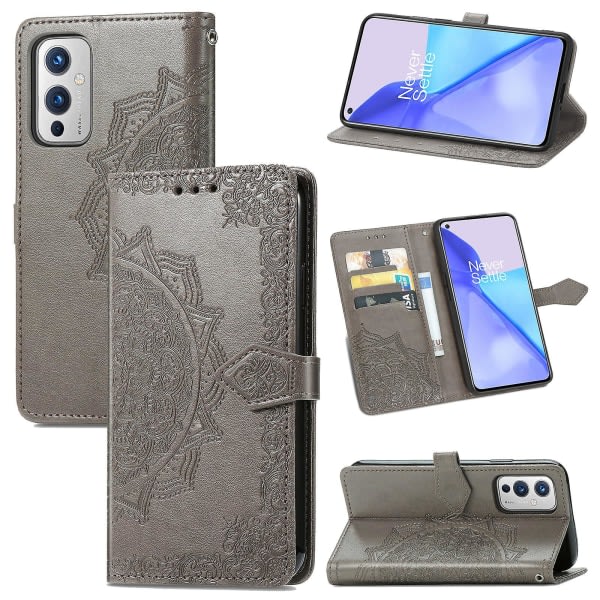 Fodral för OnePlus 9, Läder Plånboksöverdrag, Prägling Mandala, Magnetiskt Flip, Stötsäker - Grå