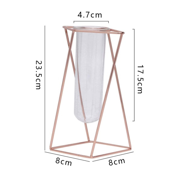 Glasvas med metallstativ, modern geometrisk bordsvas i glas, lämplig för hydroponiska inomhusväxter (roséguld, storlek L)