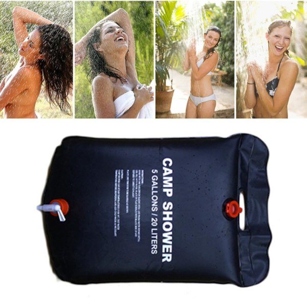 20L Camping Duschväska Solenergi Uppvärmd Bärbar Vikbar Utomhus Rese Picknick Camping Vandring Klättring Badväska PVC Vattenväska Svart 20L