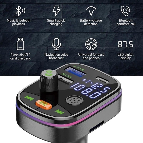 Trådløs Bluetooth 5.0 Bil Fm-sender Mp3 Stereo Musikspiller Type-c Dobbelt USB -lader Handsfree Bil Kit Adapter Support U Disk Tf-kort
