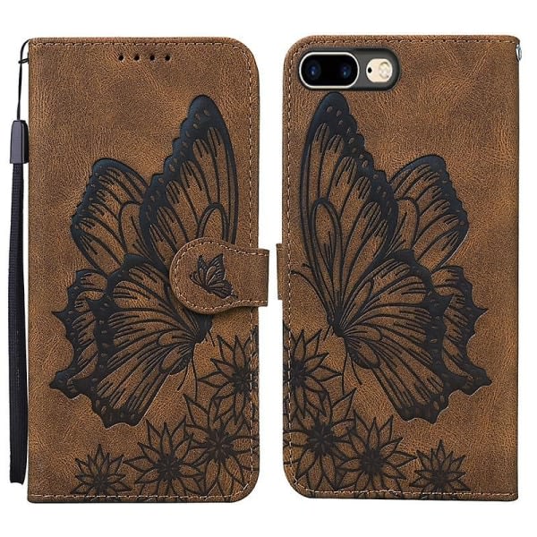Retro hudkänsla fjärilar prägling horisontalt flip cover med holdere & kortfack & plånbok til Iphone 8 Plus / 7plus (brun)