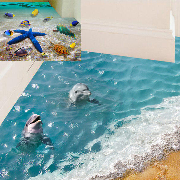 60*90cm 3D delfin gulv klistermærker vandtætte badeværelsesstjerner B