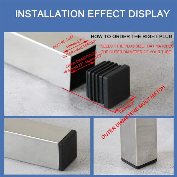 Firkantede endestykker af plast til rør, kraftige møbelrørsindsatser til stole og borde, 3/4 tomme OD, sort, 12-pak
