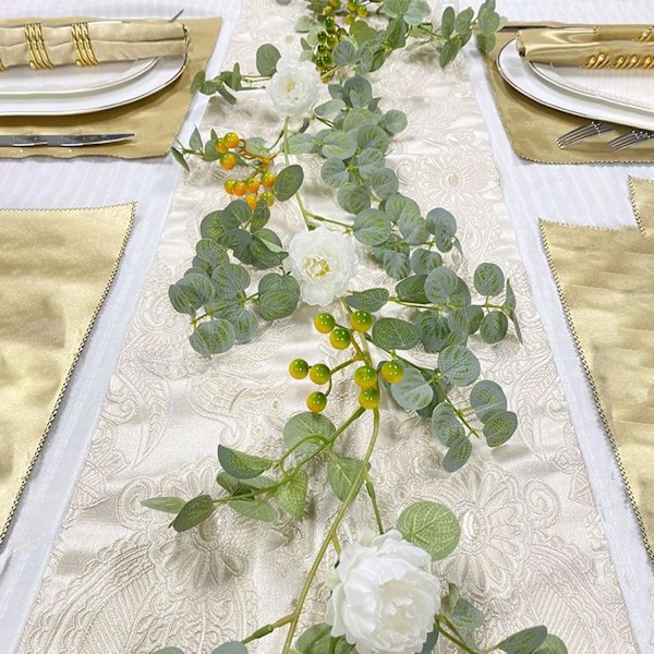 69 tum Konstgjord Eucalyptus Girlang, Gröna Rankor med Pionblommor (2 st, Vit) 2 pcs White