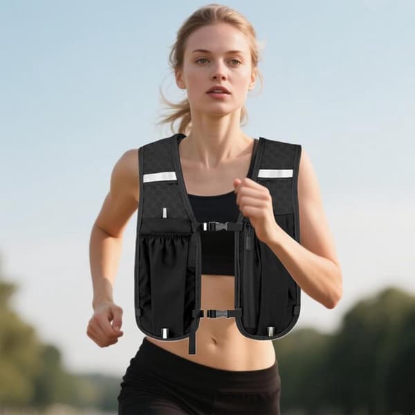 Løbehydreringsvest, polyester med 7 lommer og reflekterende striber til mænd og kvinder, trailløb, 33B x 40H cm, sort