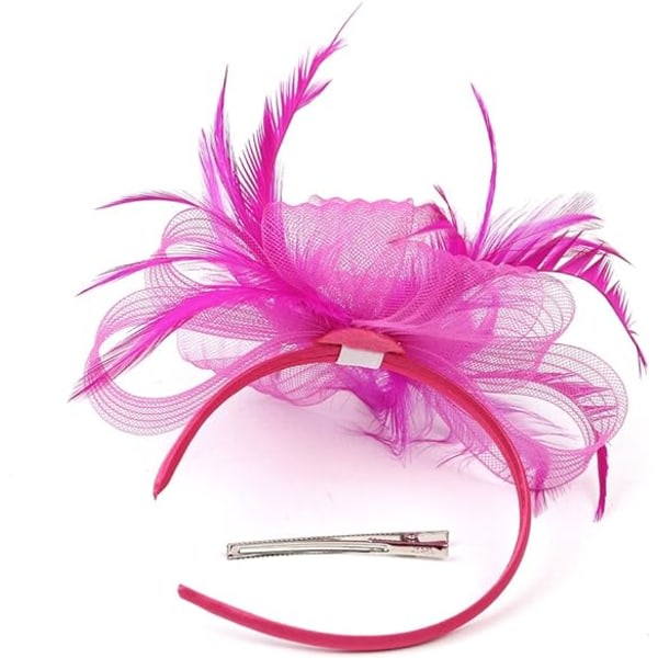 Dam Fascinator Hatt Blomma Fascinator Bröllop Fascinator Pannband Fjäder Bröllopshuvudbonad Huvudbonad Hatt Bowler Mini Top Hat Hårklämmor (rosa röd)