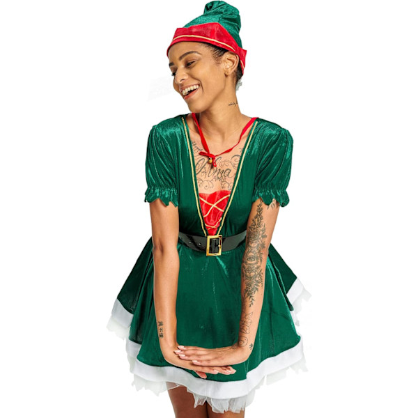 Kvinnors Juldräkt Tomte Elfklänning Rollspel Partypresent Vuxen Maskeraddräkt Outfit Med Hatt Bälte Strumpbyxa Halsband S-XL Green M