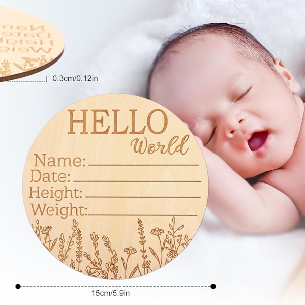 Elegant Hello World Baby Sign Rund Trä Välkomstskylt för Nyfödda för Sjukhus Barnkammare Nya Föräldrar Baby Shower Foto Prop (15x15x0.3cm)