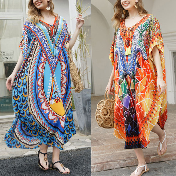 Damers Baddräktstäcke med Snyggt Tryck Bikini Cover Up Sommar Strand Badkläder, Bikini Beachwear, Djup V-ringad Lång Klänning för Vaca 6