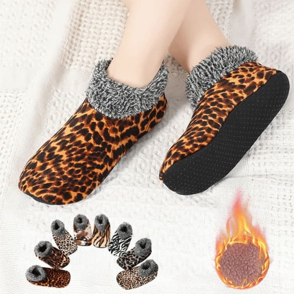 SHISHPEI Varma Hjemmesko Strømper Tykke Indendørs Plys Gulvstrømper Mode Elastiske Skridsikre Korte Strømper Til Kvinder Leopard Print B