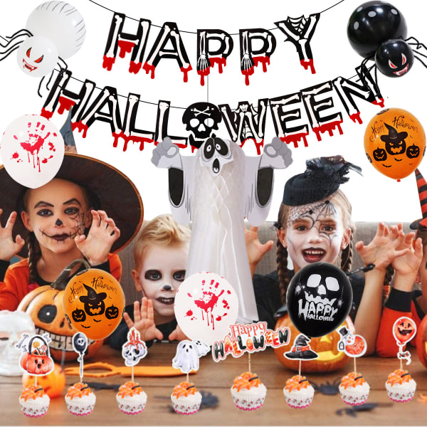 Halloween-festdekorasjonssett Happy Halloween-ballonger Banner håndtrykt edderkopppapir GSLHOst-ballong Bordsdukdekorasjon (6 sett)