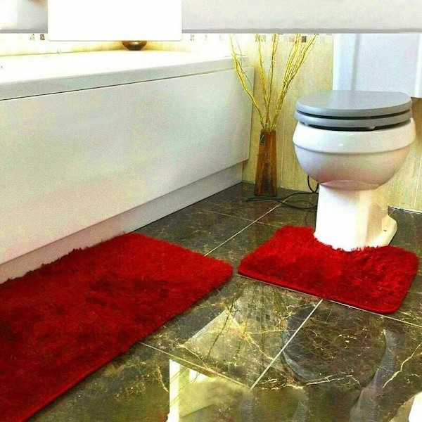 Ensfarvet Badeværelsesmåtte 3 stk. Bademåtte Skridsikker og Absorberende Blødt Tæppe & Toiletlågsbetræk Sæt Vaskbart, Rød..