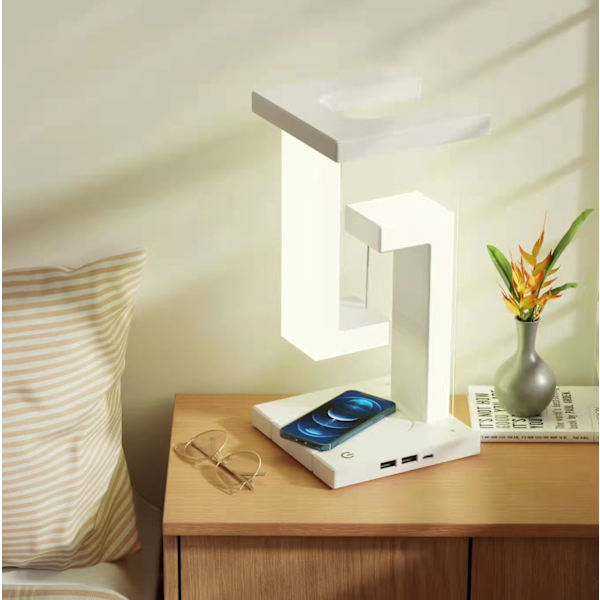 Kreativ mobiltelefon trådlös laddning svävande bordslampa hem atmosfäriska prydnader present nattlampa basic White