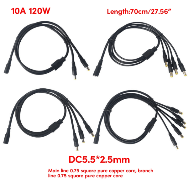 Power Splitter-kabel 1 hun til 2/3/4/5/8/10 han DC5,5 mm x 2,1 mm splitterforlængerkabel til CCTV-sikkerhedskamera One for three