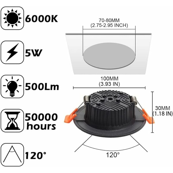 6-pak sort forsænket LED spotlight ekstra flad IP44 kold hvid 6000k badeværelse køkken soveværelse stue