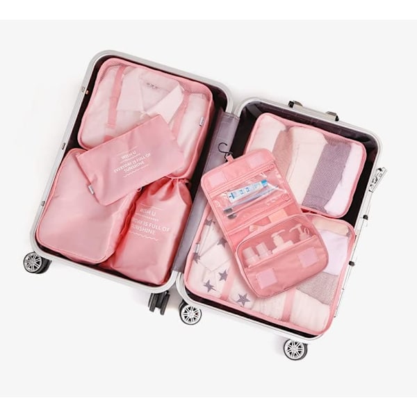 Pakke Cubes til Kuffert, 7 stk. Rejsebagage Pakkeorganisatorer Vandafvisende Rejsetaske Tøj Sko Kosmetik Toiletartikler Opbevaringsposer pink