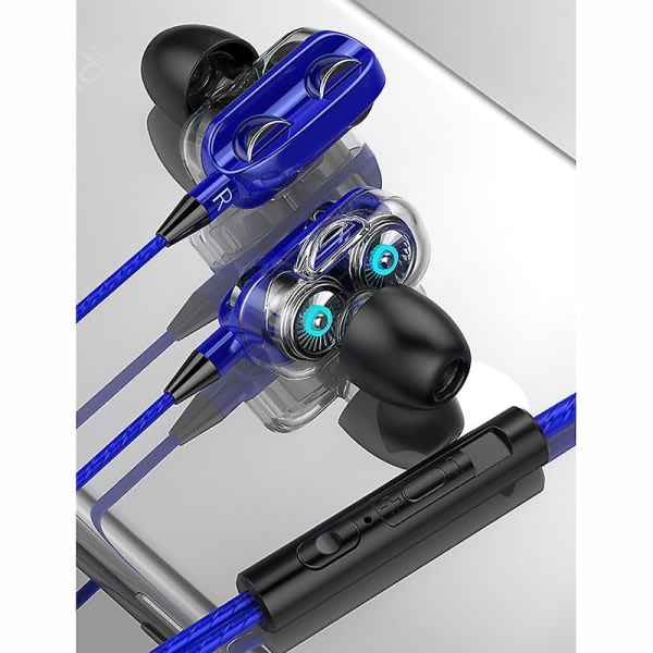 Bærbare kablede hodetelefoner med mikrofon - In-ear stereo sportshodetelefoner for løping og gåturer - Blå A4 Dual Horn Blue A4 Dual Horn