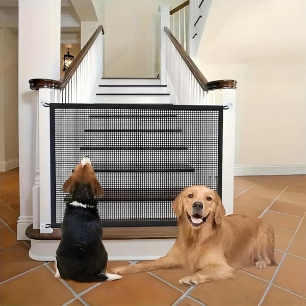 Bærbart foldbart hundegitter til trapper og døråbninger, rivefast nylonnet-kæledyrsbarriere, montering uden boring, 110 x 70 cm, sort