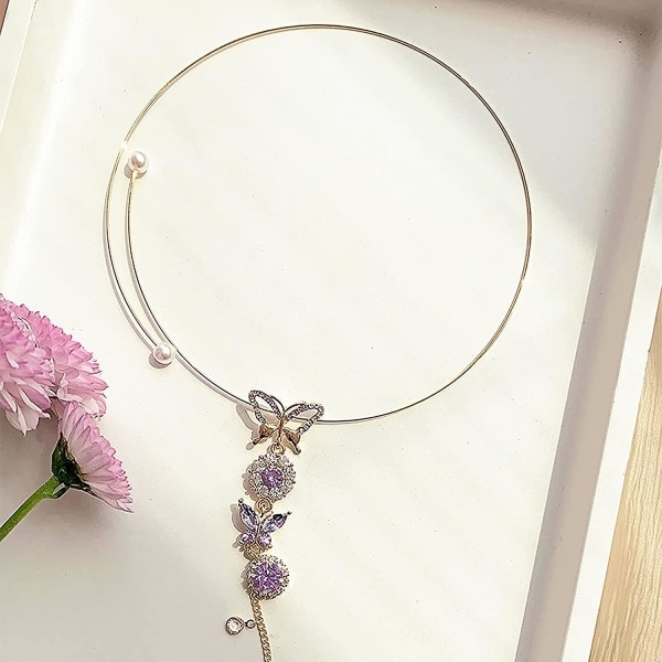 Fjerkrave Halskæde Krystalperle Vedhæng Til Kvinder Piger Strass Kvast Diamant Åben Juvel, Charme Jubilæumsfødselsdag Gave Til Hendes, (Lilla