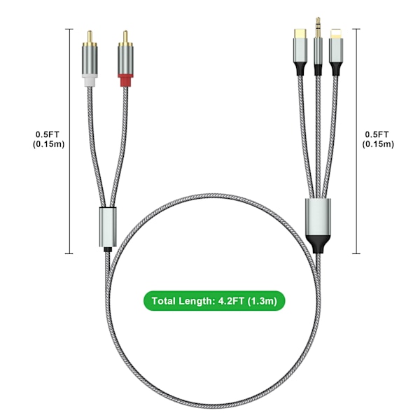 Lightning til RCA kabel Audio Aux Adapter, RCA til 3,5 mm kabel, USB C til 2 RCA lydkabel, 3 i 1 lydkabel til bil, hjemmebio, højttalere og mere