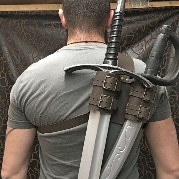 Keskiajan Noita Kaksoisselkä Skida Svärd Scimitar Telikko Vikingi Piraatti Soturi Holster Cosplay ruskea