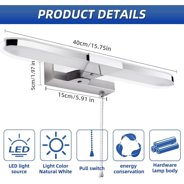 LED badrumsspegelbelysning 40cm med dragströmbrytare 3000k ip44 akryl