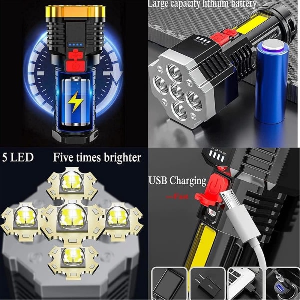 Fem kärnstark LED-ficklampa Super Bright USB Recharge, ZQKLA