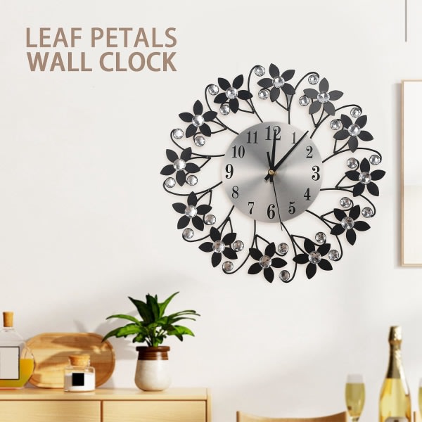 3d väggklocka, runda blad kronblad metall väggklocka, urtavla med arabiska siffror, dekorativ klocka för L