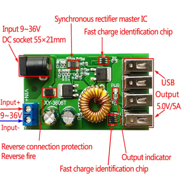DC-DC strøm 24V/12V til 5V 5A omformer Erstatt LM2596S