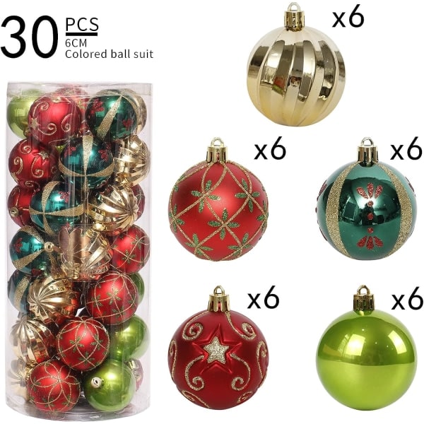 Julgransprydnader, 30-pack 2,36\" röd, grön och guld julkula splittersäker hängande set