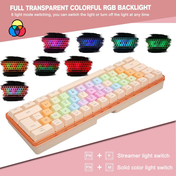 Speltangentbord, 60 prosent tangentbord, farge søtt tangentbord med RGB, trådbundet mekanisk tangentbord for spillkontor, aprikos