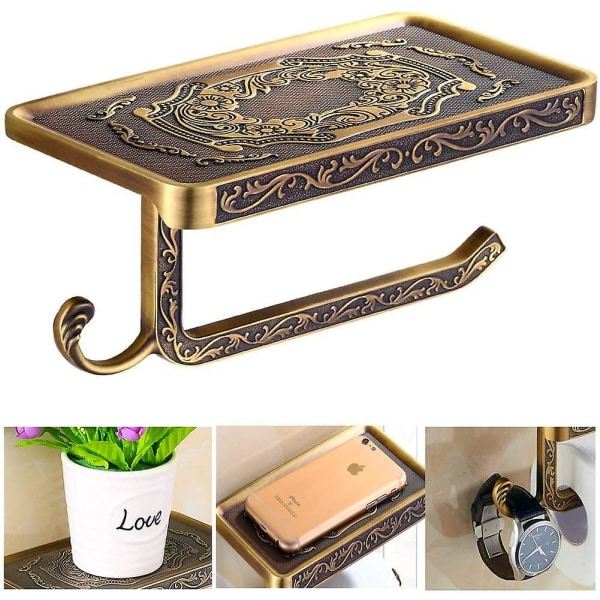 Toalettpapirholder i bronse, Toalettpapirholder i antikk messing, Premium veggmontert toalettpapirholder med hyller og kroker