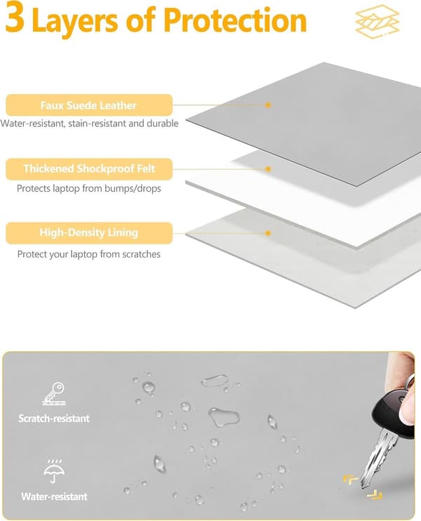 15-16 tommer laptop sleeve, 3-vinklet justerbart stativ, stødabsorberende imiteret ruskind, tilbehørspose, til skole, rejser, lysegrå