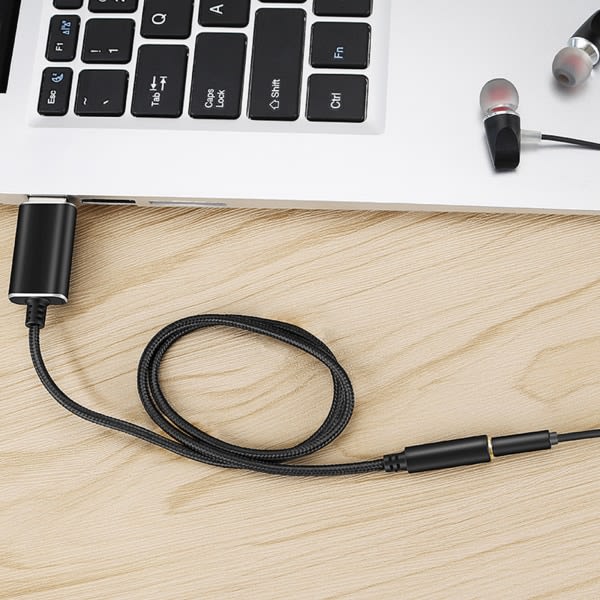 USB-3,5 mm -ääniadapteri, USB-aux-kaapeli, jossa on TRRS 4-napainen mikrofonituki, musta