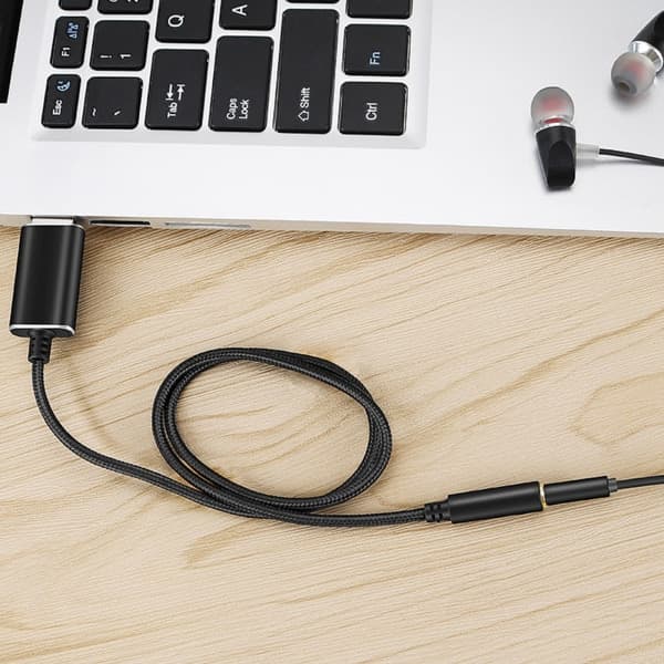 USB til 3,5 mm Jack Audio Adapter, USB til Aux Kabel med TRRS 4-polet Mikrofon Understøttet Sort