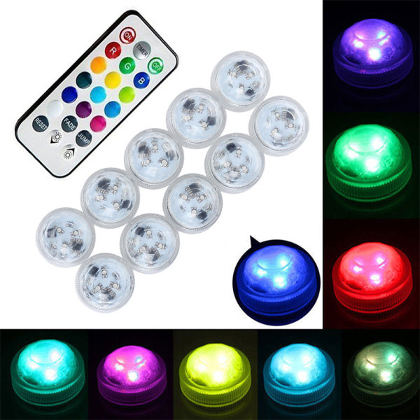 10 stk Mini nedsenkbare LED-lamper ALED LIGHT Undervannslampe Vanntett RGB Flerfarget LED-lysbelysning med 1 fjernkontroll for Basseng Dam Aqua