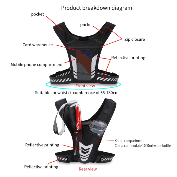 Juoksijan Liivi Puhelimenpidikkeellä Heijastava Juoksuliivi Säädettävällä Vyötärönauhalla Rinnassa Kannettava Liivi Juoksuun Pyöräilyyn Vaellukseen Musta Punainen iG