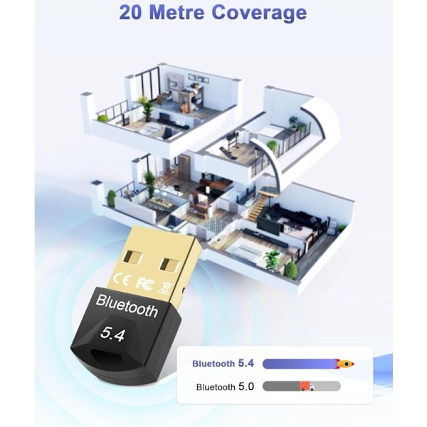 Bluetooth 5.4 USB-adapter til PC, hovedtelefoner, tastatur, smartphone, tablet, Windows 11/10/8.1/7 (Sort)