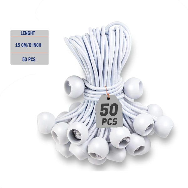 Ball Bungee Cords 6 Tommer, 50 STK Hvide Tarp Ball Bungee Bånd Heavy Duty Baldakin Fastgørelser til Camping, Teltstel med UV-Resistent WHITE 15CM 6INCH