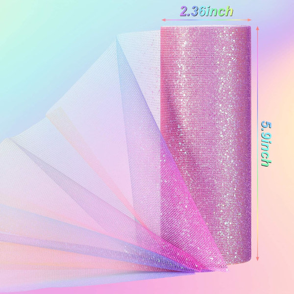 6 Inch x 10 Yard Rainbow Glitter Tyll Band Rolls Gradient Tyll Nät tyg Spole Glitter Sortiment för bordsstol Rosett Tutu kjol sömnad 2 rulle